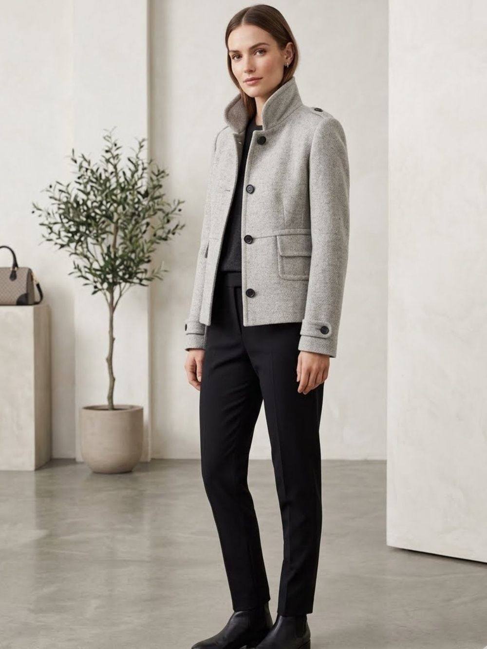 Banana Republic Light Gray Wool-Blend Pea Coat Jacket Sz M Military Preppy Chic